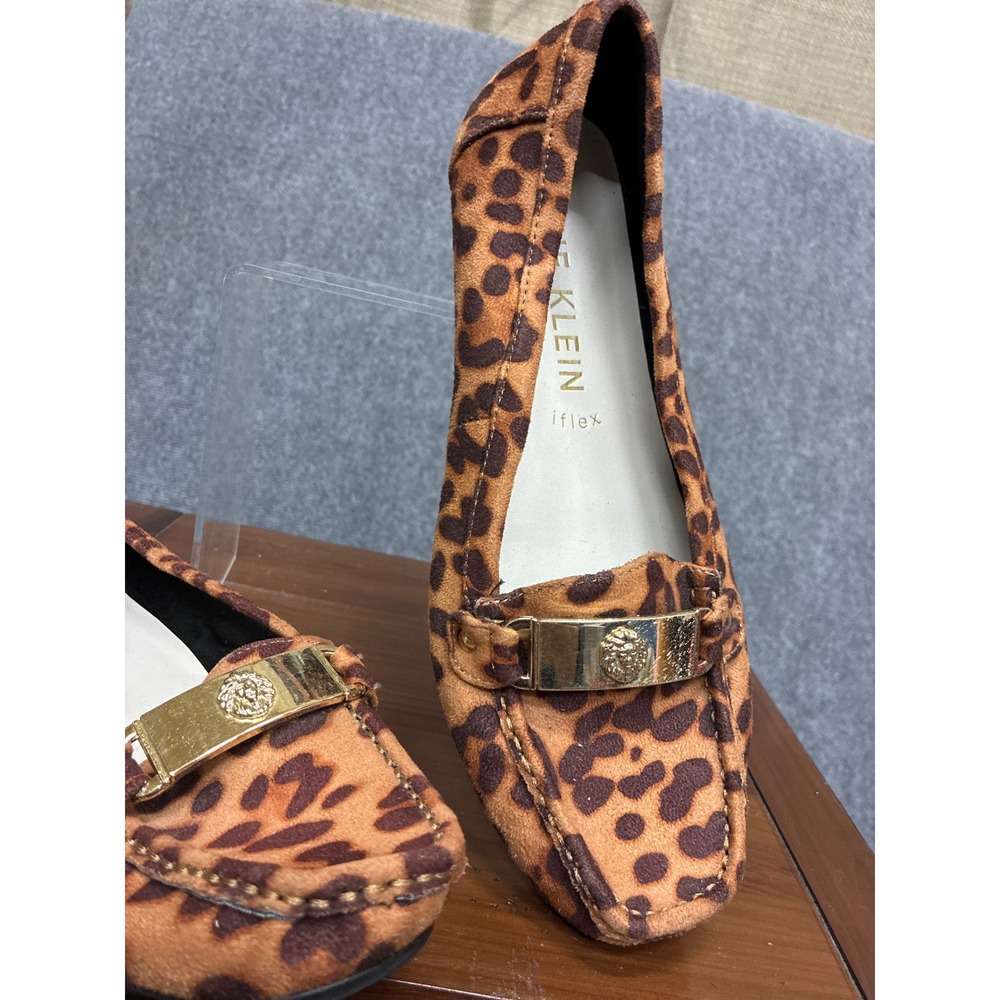 Anne Klein iFlex Leopard Print Loafers Gold Lion Hardware Flats Brown Tan 11